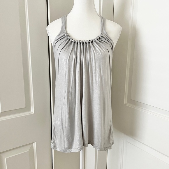 French Connection Tops - French Connection Mod Silver Halter Glam Boho Blouse w/ Beaded Detail – Medium